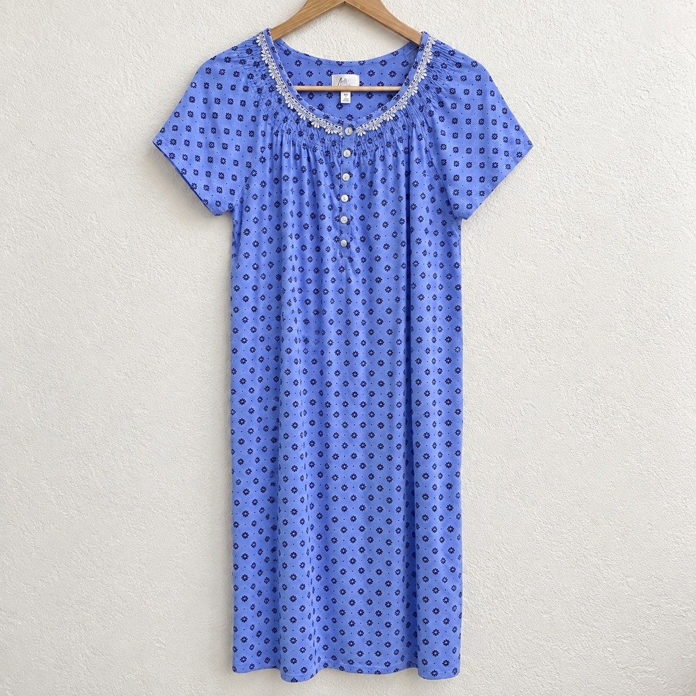 Aria Collection Blue Floral Knit Nightgown Lace Trim Short Sleeve Sleep Dress M